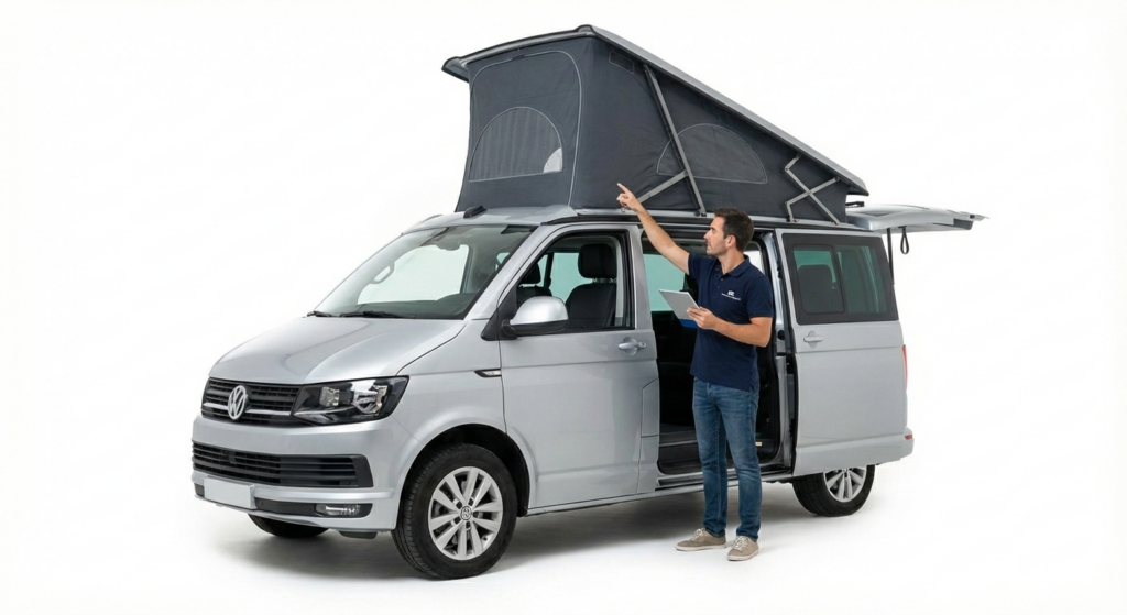 Expert procédant à l'estimation pour le rachat fourgon aménagé type van avec toit relevable