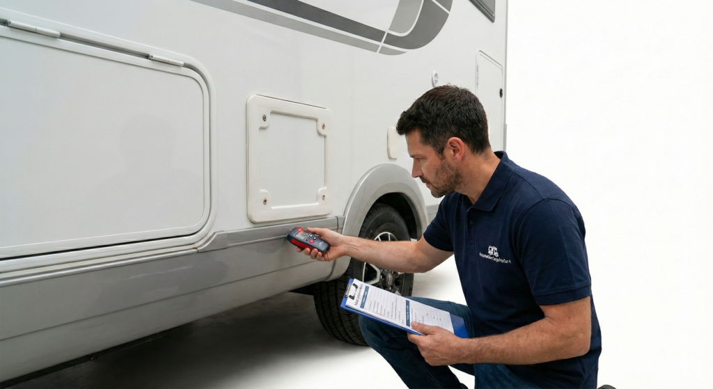 Expert réalisant une estimation pour le rachat camping-car infiltration avec test d'humidité